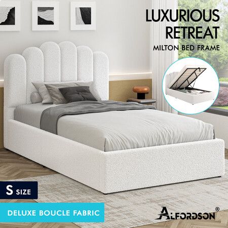 ALFORDSON Bed Frame Single Size Gas Lift Storage Base Wooden Boucle MILTON