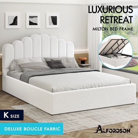 ALFORDSON Bed Frame King Size Gas Lift Storage Base Wooden Boucle MILTON
