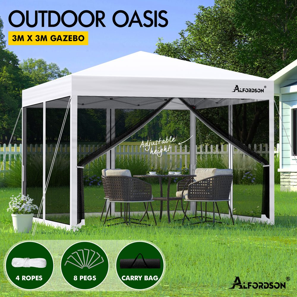 ALFORDSON Gazebo Pop Up Marquee 3x3 Outdoor Tent Party Camping Mesh Wall White