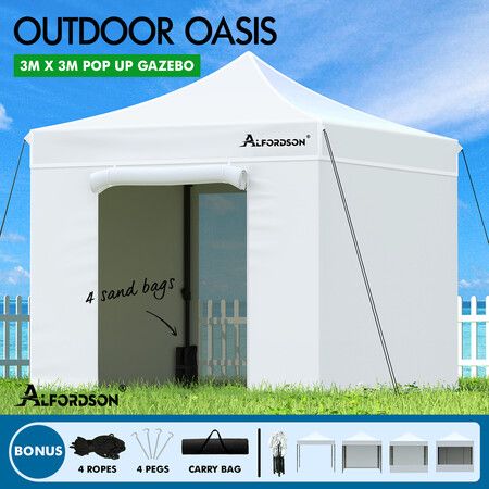 ALFORDSON Gazebo 3x3m Pop Up Marquee Outdoor Folding Tent Wedding Canopy Walls White