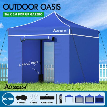 ALFORDSON Gazebo 3x3m Pop Up Marquee Outdoor Folding Tent Wedding Canopy Walls Blue