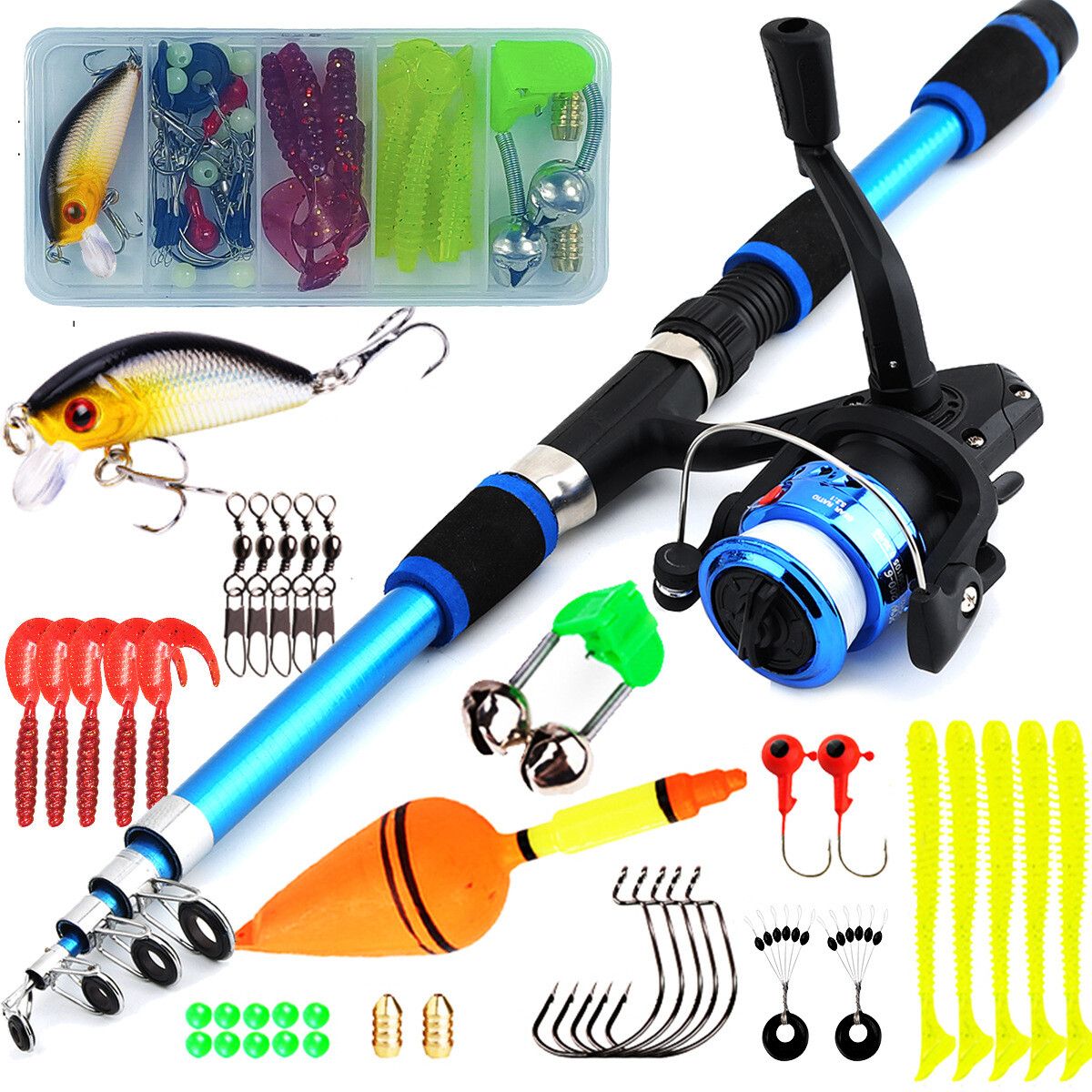 Portable Telescopic Fishing Rod and Reel Combo Kit with Fishing Reel Tackle Box for Boys, Girls, Youth (Blue)