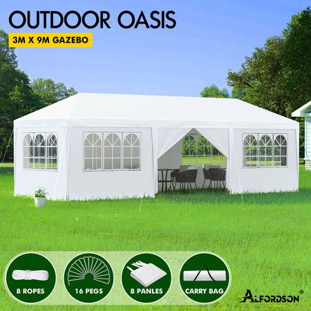 ALFORDSON Gazebo 3x9m Outdoor Wedding Party Tent Camping PE Portable White with Walls