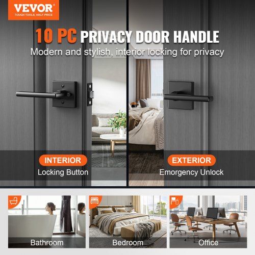 Privacy Door Handle, 10 Pack Matte Black Door Lever, Left or Right Handing Reversible Lever with Keyless Lock, 45° Rotation to Open, Square Interior Door Handles for Bedroom and Bathroom Doors