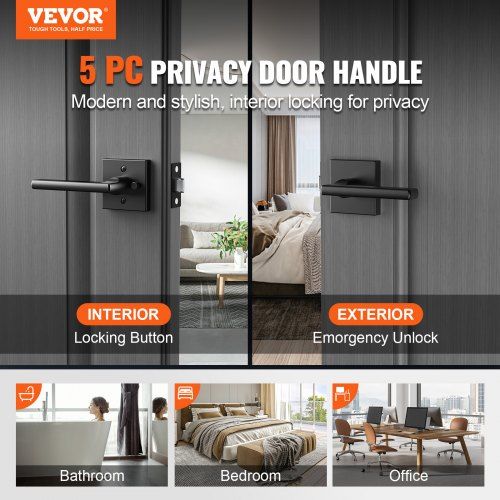 Privacy Door Handle, 5 Pack Matte Black Door Lever, Left or Right Handing Reversible Lever with Keyless Lock, 45° Rotation to Open, Square Interior Door Handles for Bedroom and Bathroom Doors