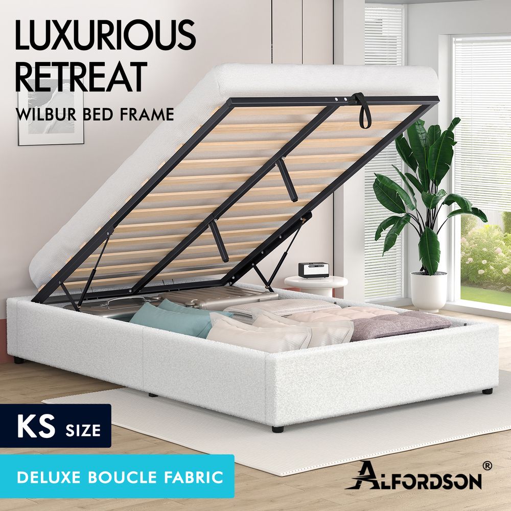 ALFORDSON Bed Frame King Single Gas Lift Storage Mattress Base Boucle WILBUR