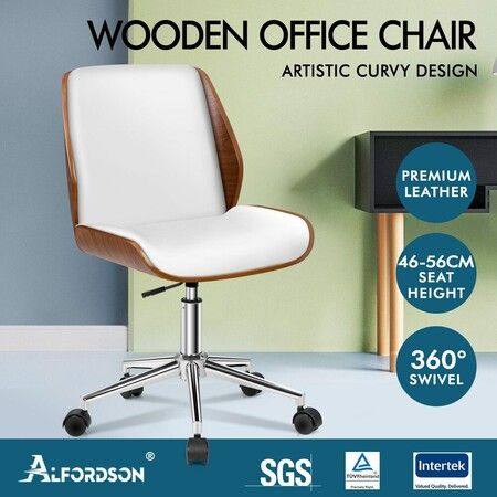 ALFORDSON Wooden Office Chair Computer Chairs Wood Seat PU Leather White