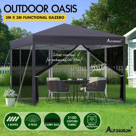 ALFORDSON Gazebo 3x3m Pop Up Marquee Outdoor Tent Party Camping Mesh Wall Grey