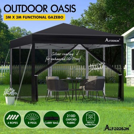 ALFORDSON Gazebo 3x3m Pop Up Marquee Outdoor Tent Party Camping Mesh Wall Black