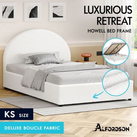 ALFORDSON Bed Frame King Single Gas Lift Base With Storage White Boucle HOWELL