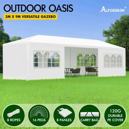 ALFORDSON Gazebo 3x9m Outdoor Wedding Party Tent Camping PE Portable White with Walls