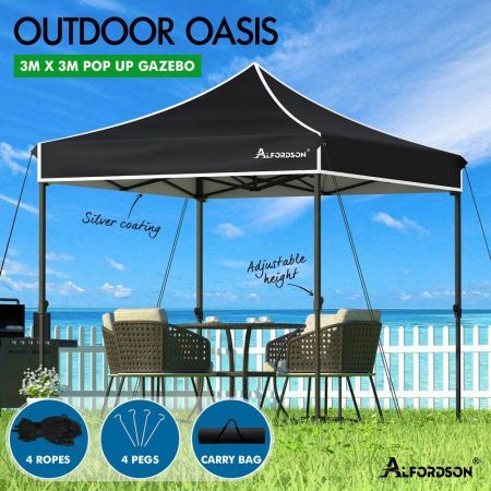 ALFORDSON Gazebo 3x3m Pop Up Marquee Outdoor Folding Tent Wedding Canopy BLlack