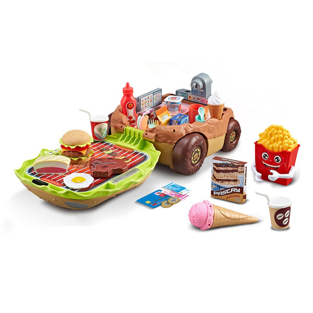 2 in 1 Playhouse Fun Dining Car BBQ Station Kitchen Toy with French Fries Sales Cart Trolley and Burger Cart for Kids Christmas Gift