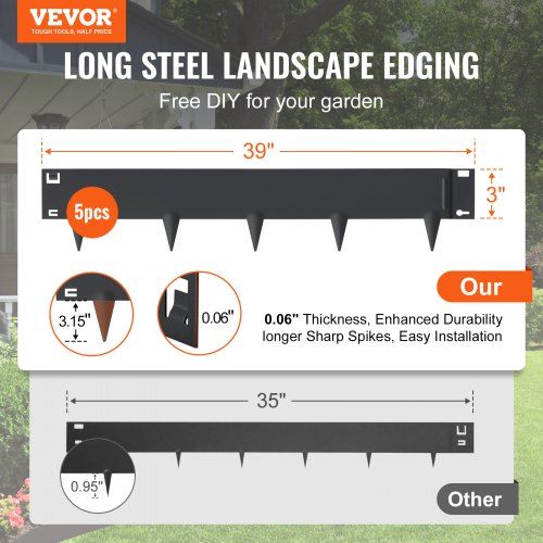 Steel Landscape Edging, 5-pack Steel Garden Edging Borders, 39" L x 3" H Strips, Hammer-in Edging Border, Bendable Metal Landscape Edging for Yard, Garden, Lawn, 3.15" Spike Height, Black