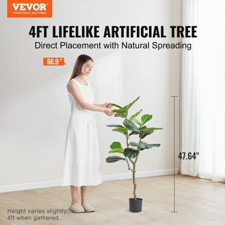 Artificial Fiddle Leaf Fig Tree, 10cm, Secure PE Material & Anti-Tip Tilt Protection Low-Maintenance Faux Plant, Lifelike Green Fake Potted Tree for Home Office Warehouse Decor Indoor Outdoor