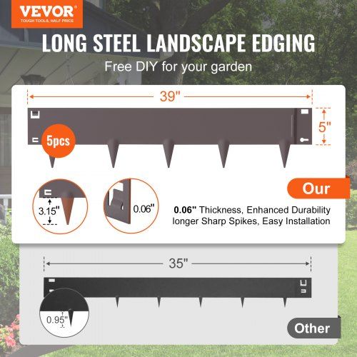 Steel Landscape Edging, 5-pack Steel Garden Edging Borders, 39" L x 5" H Strips, Hammer-in Edging Border, Bendable Metal Landscape Edging for Yard, Garden, Lawn, 3.15" Spike Height, Rustic Brown