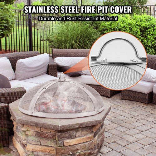 Fire Pit Spark Screen Round 30", Reinforced Heavy Duty Steel Metal Cover, Outdoor Firepit Lid, Easy-Opening Top Screen Covers Round with Ring Handle for Outdoor Patio Fire Pits Backyard