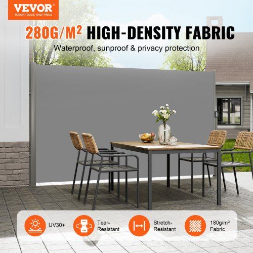 Retractable Side Awning, 180X300cm Aluminum Outdoor Privacy Screen, 280g Polyester Water-proof Retractable Patio Screen, UV 30+ Room Divider Wind Screen for Patio, Backyard, Balcony, Gray