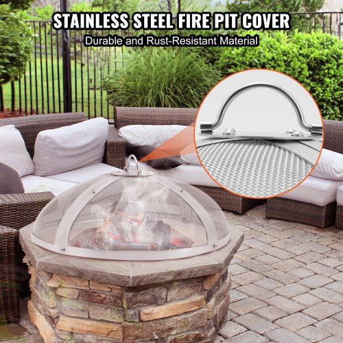 Fire Pit Spark Screen Round 27", Reinforced Heavy Duty Steel Metal Cover, Outdoor Firepit Lid, Easy-Opening Top Screen Covers Round with Ring Handle for Outdoor Patio Fire Pits Backyard