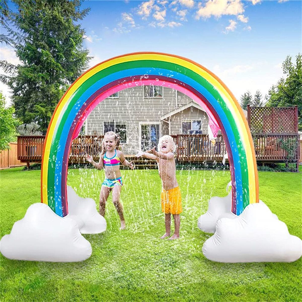 Inflatable Rainbow Cloud Sprinkler Toys,8 x 5.5 Ft Summer Sprinkler Backyard Water Park Supply for Kids