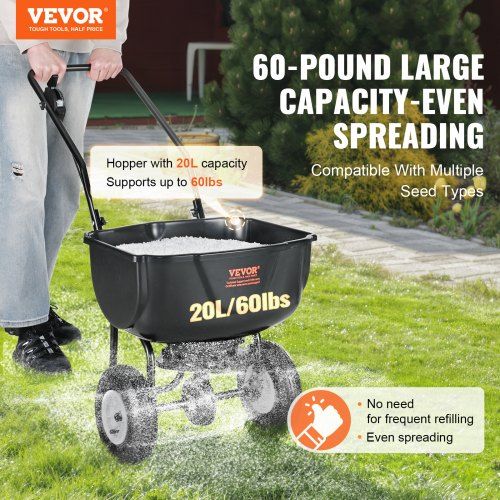 Broadcast Spreader, 60 LB Walk-Behind Turf Spreader with 8" Wheels, Steel Push Fertilizer Spreader, Garden Seeder, and Salt Spreader, Designed for Residential, Farm, and Tough Terrain, Black