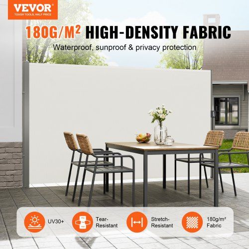 Retractable Side Awning, 71''x 118'' Outdoor Privacy Screen, 180g Polyester Water-proof Retractable Patio Screen, UV 30+ Room Divider Wind Screen for Patio, Backyard, Balcony, Beige