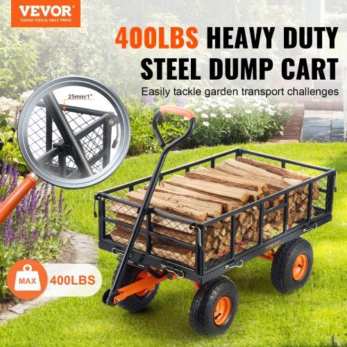 Dump Cart, Metal Garden Dump Cart with Easy to Assemble Frame, Dump Wagon with 2-in-1 Convertible Handle, Utility Wheelbarrow 181kg Capacity, 10 inch Tires