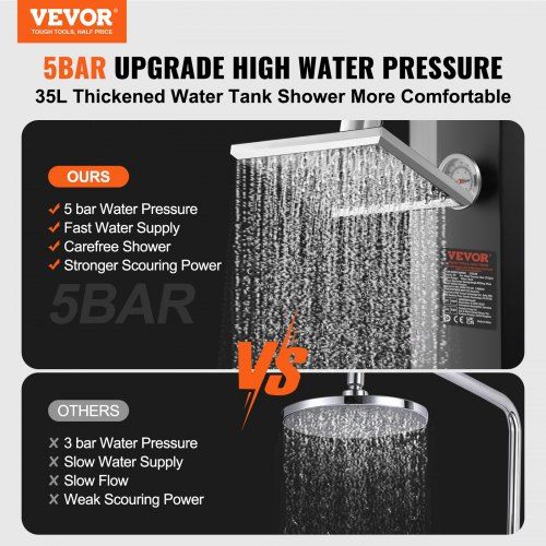 Outdoor Solar Heated Shower, 35L Poolside Shower Kit with Shower Head and Foot Shower Tap, Double Buckle Fast Assembly W/ Pre-Drilled Holes for Outdoor Backyard Poolside Beach Spa