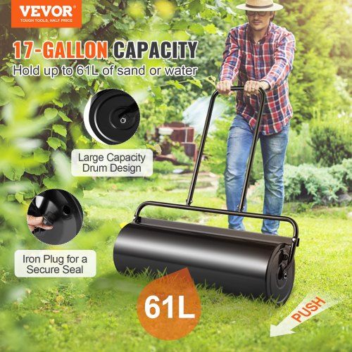 Lawn Roller, 17 Gallon 36 Inch Sand/Water Filled Yard Roller, Steel Sod Roller with Easy-turn Plug and U-Shaped Ergonomic Handle for Convenient Push and Pull, for Lawn, Garden, Farm, Park, Black