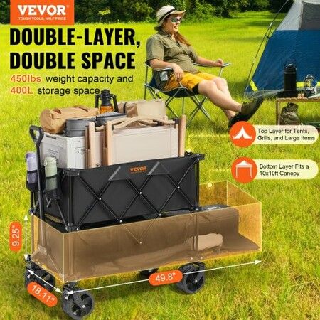 Foldable Double Decker Wagon, 400L Collapsible Wagon Cart with All-Terrain Wheels, Heavy Duty Folding Wagon Cart 450 lbs Weight Capacity for Camping, Shopping, Garden, 52" Extra Long Extender