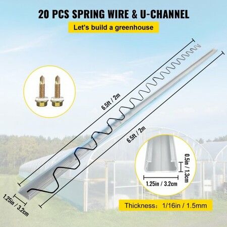 Spring Wire and Lock Channel,2 m Spring Lock & U-Channel Bundle for Greenhouse, 20 Packs PE Coated Spring Wire & Aluminum Alloy Channel, Plastic Poly Film or Shade Cloth Attachment with Screw