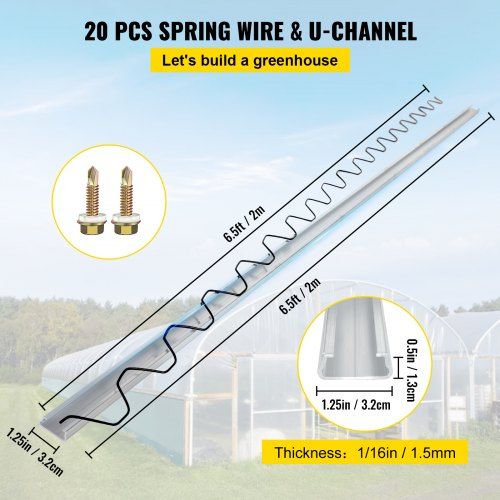 Spring Wire and Lock Channel,2 m Spring Lock & U-Channel Bundle for Greenhouse, 20 Packs PE Coated Spring Wire & Aluminum Alloy Channel, Plastic Poly Film or Shade Cloth Attachment with Screw