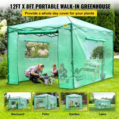 12\'x 8\'x 8\' Pop-Up Greenhouse, Set Up in Minutes, Portable Greenhouse with Doors & Windows. High Strength PE Cover & Powder-Coated Steel Construction