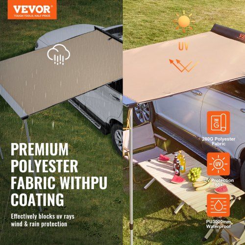 Car Side Awning, Large 1.4x2m Shade Coverage Vehicle Awning, PU3000mm UV50+ Retractable Car Awning with Waterproof Storage Bag, Suitable for Truck, SUV, Van, Campers