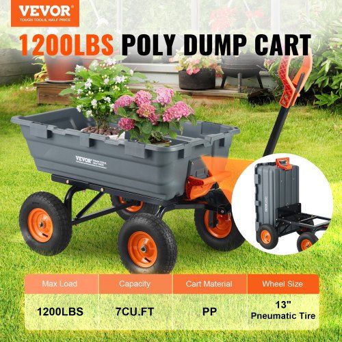 Dump Cart, Poly Garden Dump Cart with Easy to Assemble Steel Frame, Dump Wagon with 2-in-1 Convertible Handle, Utility Wheelbarrow  544kg/ 1200lbs Capacity, 33cm/ 13 inch Tires