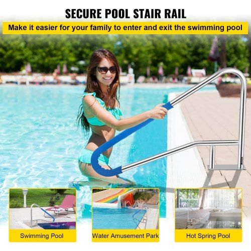 Pool Rail 54x36 Pool Railing 304 Stainless Steel 250LBS Load Capacity Silver Rustproof Pool Handrail Humanized Swimming Pool Handrail with Blue Grip Cover & M8 Drill Bit & Self-Taping Screws