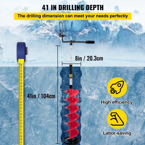 Ice Drill Auger, 8\'\' Diameter Nylon Ice Auger, 41\'\' Length Ice Auger Bit, Auger Drill with 14\'\' Adjustable Extension Rod, Rubber Handle, Drill Adapter, Replaceable Auger Blade for Ice Fish