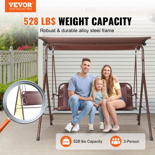 3-Person Patio Swing Chair, Outdoor Patio Swing with Adjustable Canopy, Porch Swing with Armrests, Teslin Fabric and Alloy Steel Frame, for Balcony, Backyard, Patio, Garden, Poolside, Brown