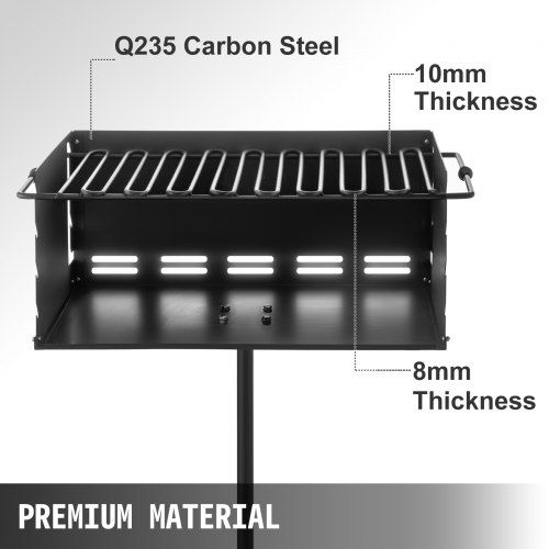 Outdoor Park Style Grill 24 x 16 Inch Park Style Charcoal Grill Carbon Steel Park Style BBQ Grill Adjustable Park Charcoal Grill with Stainless Steel Grate Outdoor Park Grill, In-ground Pillar