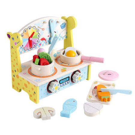 Giraffe Themed 7 Piece Wooden Kitchen Playset Toy Kids Interactive Cooking Toy with Fruit Set Christmas Gift Birthday Presents
