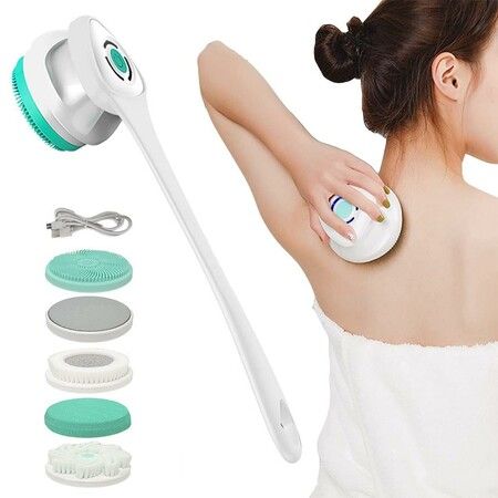 Powerful Deep Cleanse Electric Body Brush with Rotating Scrubber, 5 Attachments, Rechargeable Brush Heads IPX67 Waterproof (White)