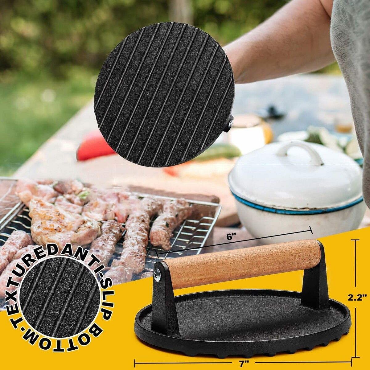 Heavy Duty Cast Iron Burger Press - 6.9Inch Round Bacon Grill Press for Sandwiches and Paninis