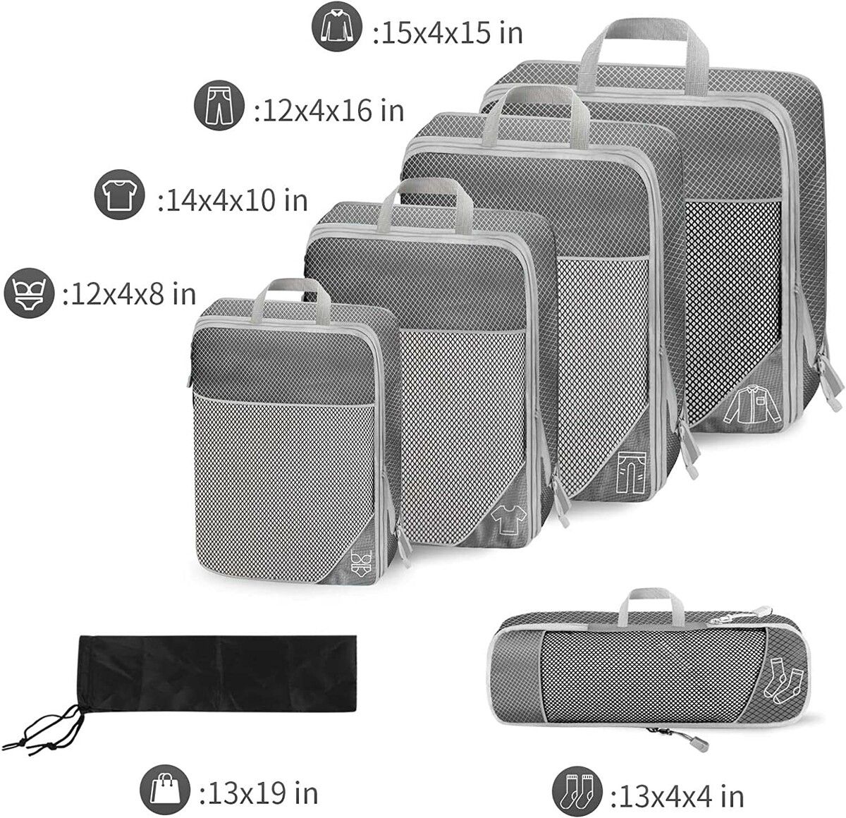 Efficient Travel Luggage Organizer 6 PCs Suitcase Compression Packing Navy Blue Coloured