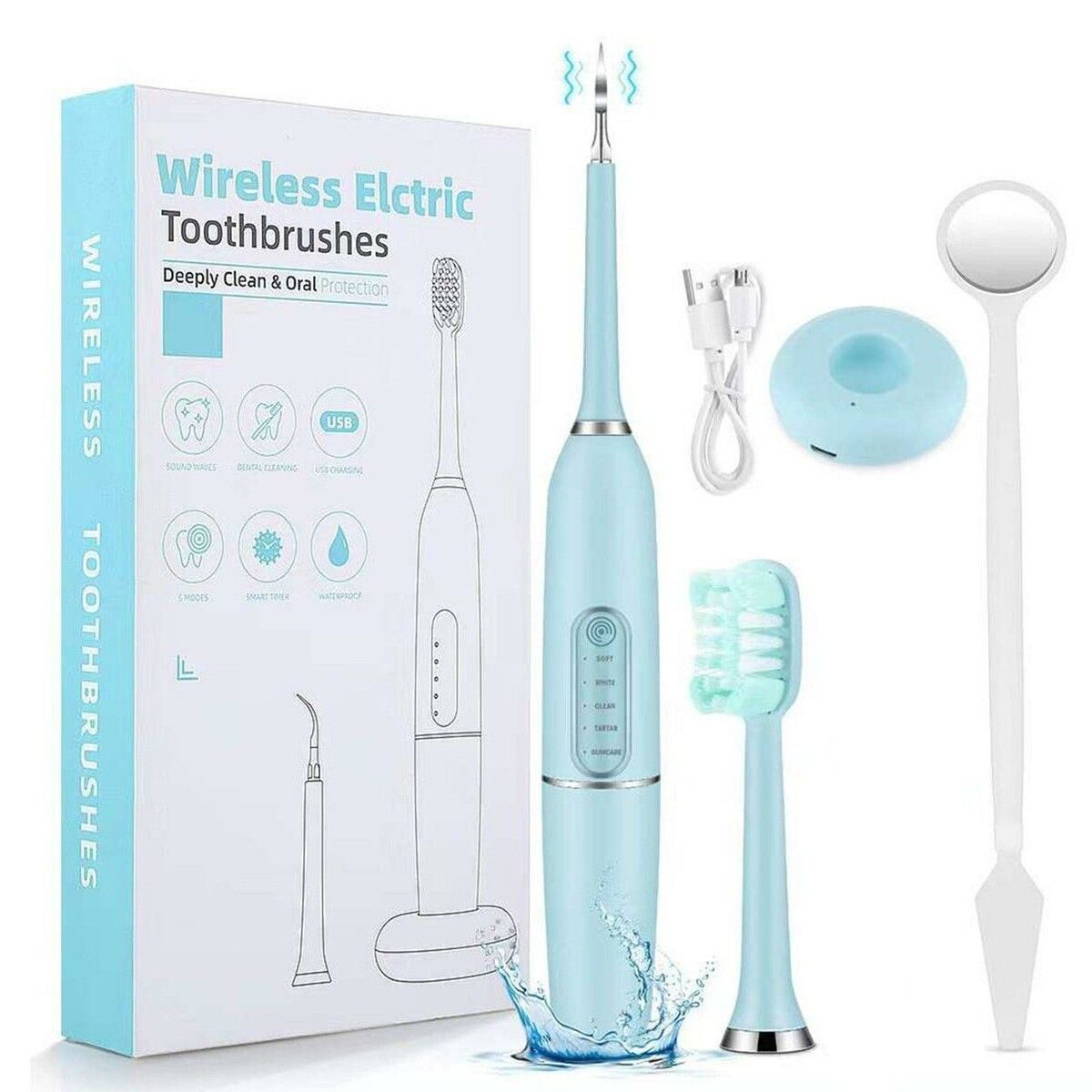 5-Mode Teeth Cleaning Toothbrush with Cleaning Tip, Toothbrush Head, and Dental Mirror