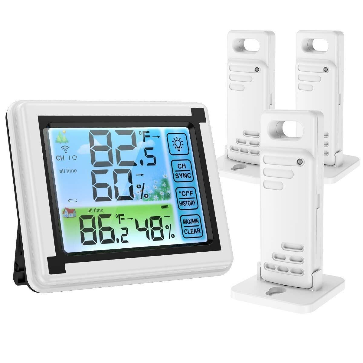 Indoor/Outdoor Thermometer and Hygrometer with 3 Wireless Sensors, Touchscreen, and Min/Max Records for Optimal Home and Office Comfort