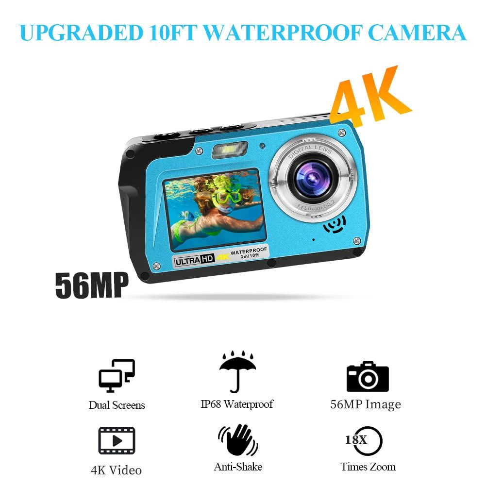 4K 10FT Waterproof Camera/UHD Video Recorder with IPS Dual Screens (3"/2"),56MP Underwater Photography Videography for Snorkeling (Blue)