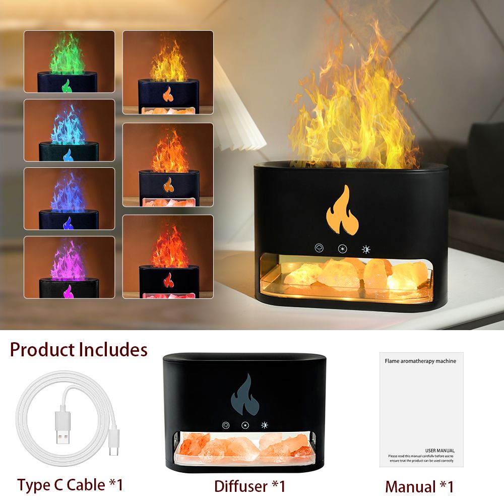 Crystal Salt Rock Fireplace Humidifier Air Lamp Essential Oil Diffuser Aroma Smell for Home Black