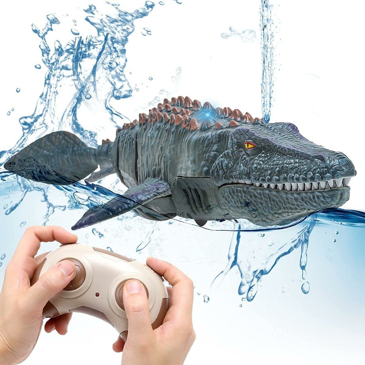 Remote Control Toy for Kids: Mosasaurus Diving Toy RC Boat with Light and Spray Water for Swimming Pool, Lake, and Bath Time (Grey)