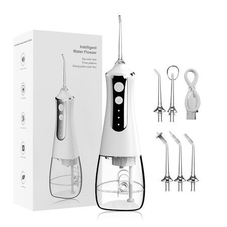 Oral Hygiene Portable Mouth Irrigator with 300ML Capacity and 5 Specialized Nozzles for a Deep Clean(White)