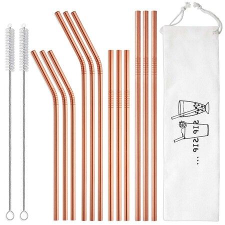 Stainless Steel Straws with Case: Long Drinking Straws for Yeti Tumblers (12-Pack, Rose Gold)